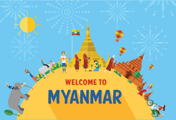 illustrazioni stock, clip art, cartoni animati e icone di tendenza di design piatto, illustrazione delle icone e dei punti di riferimento del myanmar, vector - shwedagon pagoda immagine