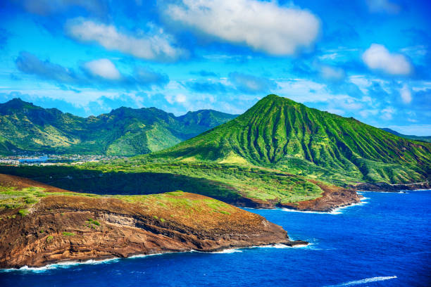 The beautiful and unique landscape of coastal Oahu, Hawaii shot from an altitude of about 1000 feet over the Pacific Ocean.