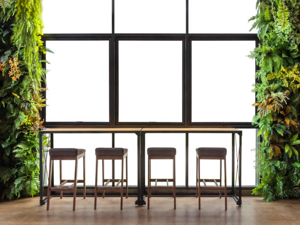 Counter bar with window view with ornamental shrubs, isolated on white background with clipping path