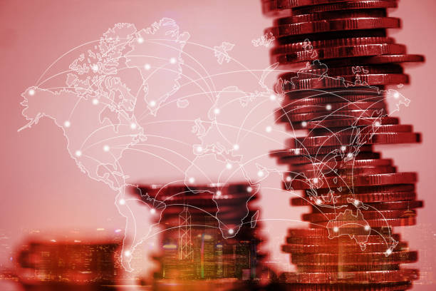 istock Double exposure of coin stack with city background and world map, financial graph, world map and global network business concept. 938004408
