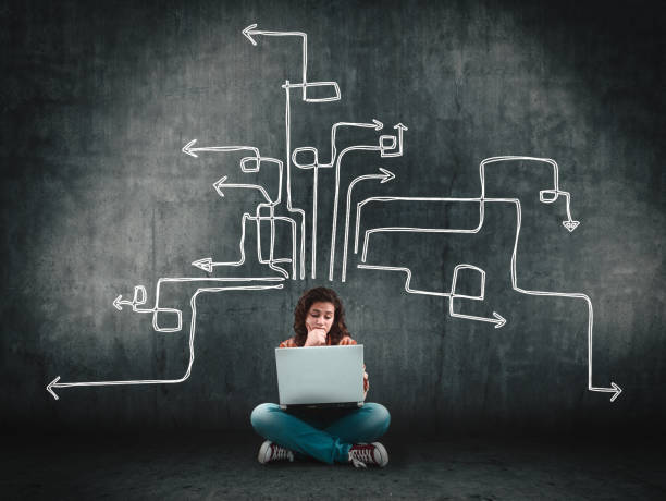 Thoughtful woman using laptop next to a wall painted with arrows leading to different directions.