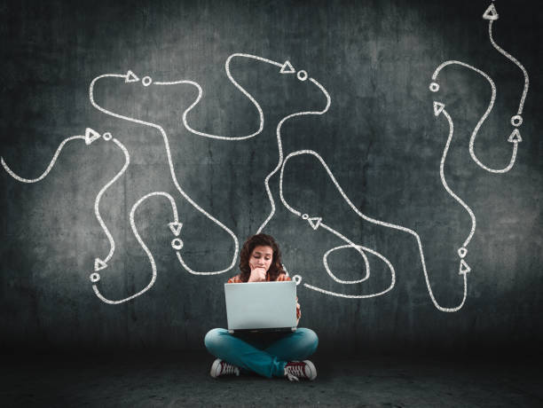 istock Thoughful teenager using laptop next to a wall with drawing of a path. 938007330