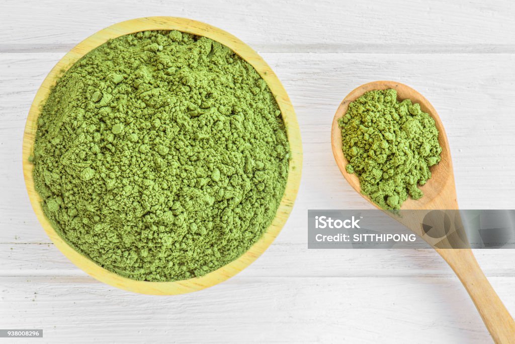 Green matcha tea powder in bowl Matcha Tea Stock Photo