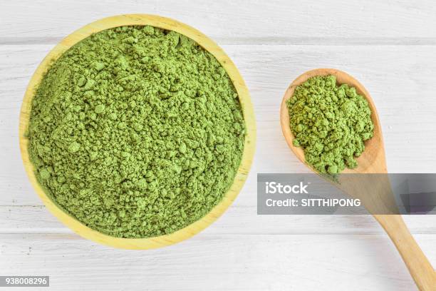 Green Matcha Tea Powder In Bowl Stock Photo - Download Image Now - Matcha Tea, White Background, Bowl