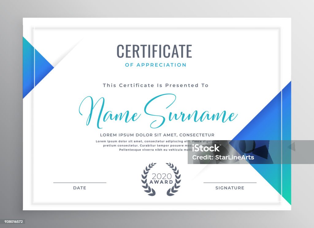 Progettazione minima del modello di certificato triangolo blu - arte vettoriale royalty-free di Certificato