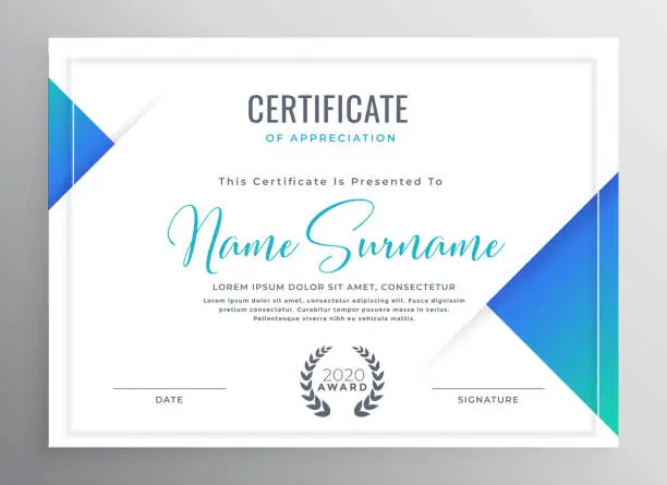 Vector illustration of minimal blue triangle certificate template design