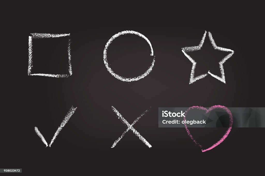Chalk figure set on black school board. Vector chalk hand drawn design elements: square, circle, star, check mark, cross and heart. Chalk Drawing stock vector
