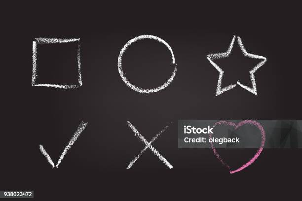 Chalk Figure Set On Black School Board Vector Chalk Hand Drawn Design Elements Square Circle Star Check Mark Cross And Heart Stock Illustration - Download Image Now