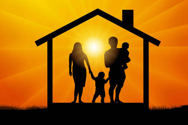 istock Family with two children in the house at sunset, silhouette vector 938023620