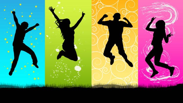 illustrazioni stock, clip art, cartoni animati e icone di tendenza di persone felici che saltano silhouette - healthy lifestyle jumping people happiness