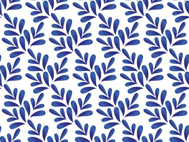 ilustrações de stock, clip art, desenhos animados e ícones de leaves blue and white pattern - tile background