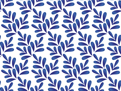 ceramic blue and white leaves pattern seamless vector, cute porcelain background design