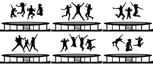 People jumping trampoline silhouette set People jumping trampoline silhouette set family fun stock illustrations