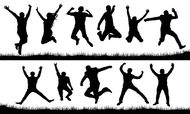 ilustrações de stock, clip art, desenhos animados e ícones de people in a jump silhouette set - women jumping bouncing spring