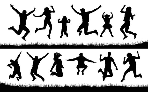 ilustrações, clipart, desenhos animados e ícones de silhueta de pessoas pulando na grama - women jumping bouncing spring