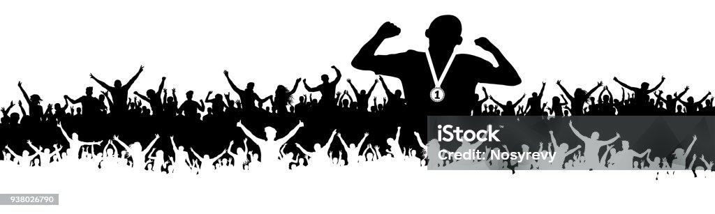 Sports man victory silhouette. Crowd of fans, cheering. Banner, vector background People stock vector