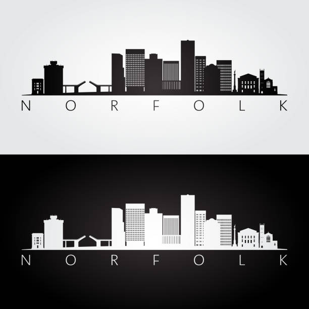 ilustraciones, imágenes clip art, dibujos animados e iconos de stock de silueta horizonte y puntos de referencia los e.e.u.u. de norfolk, diseño blanco y negro, vector de ilustración. - norfolk