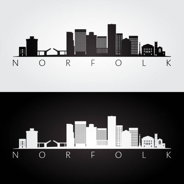 ilustrações, clipart, desenhos animados e ícones de norfolk eua skyline e marcos silhueta, preto e branco desenho, ilustração vetorial. - norfolk