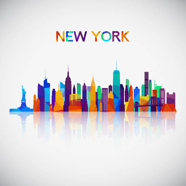 ilustraciones, imágenes clip art, dibujos animados e iconos de stock de silueta del horizonte de nueva york en colorido estilo geométrico. símbolo para su diseño. ilustración de vector. - new york city