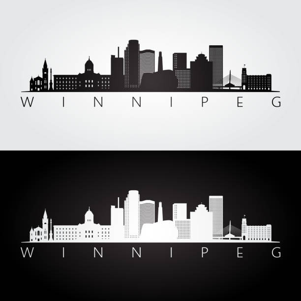 ilustraciones, imágenes clip art, dibujos animados e iconos de stock de silueta de horizonte y puntos de referencia de winnipeg, diseño blanco y negro, vector de ilustración. - urban scene canada city winnipeg