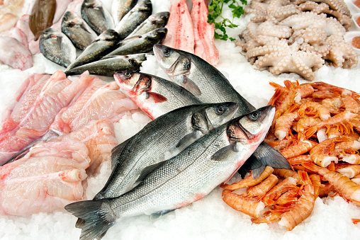 Various types of fresh fish lying in ice on market display