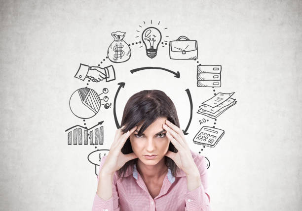 istock Stressed young brunette sitting, business strategy 938035042