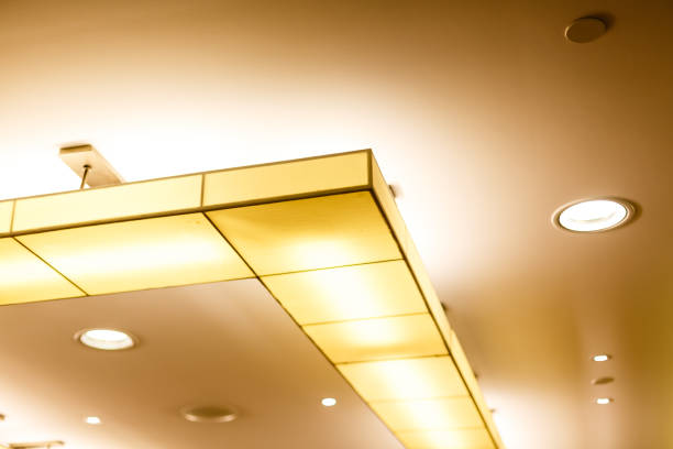 istock White ceiling with neon light bulbs in uprisen view 938035108
