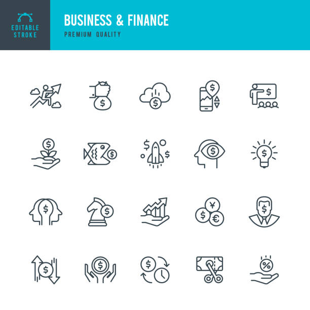 ilustraciones, imágenes clip art, dibujos animados e iconos de stock de negocios y finanzas - conjunto de iconos de vector de línea delgada - symbol financial occupation seminar computer icon