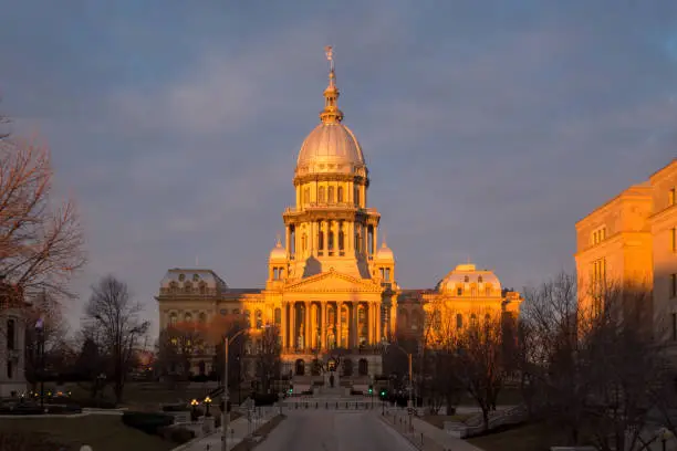 Illinois State Capitol building at sunrise in Springfield, Illinois