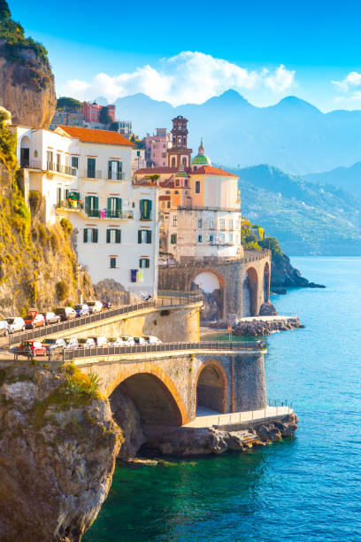 Amalfi, Italy Morning view of Amalfi cityscape on coast line of mediterranean sea, Italy sorrento italy photos stock pictures, royalty-free photos & images