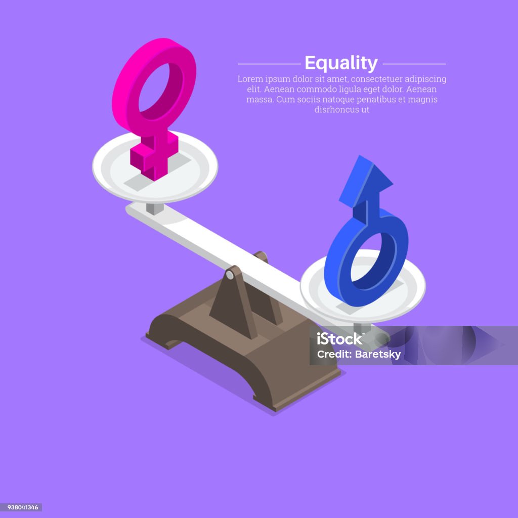 Gender signs on scales Gender signs on scales. Balance, equality between men's and a female. Isometry.3D. A vector illustration in flat style. Isometric Projection stock vector