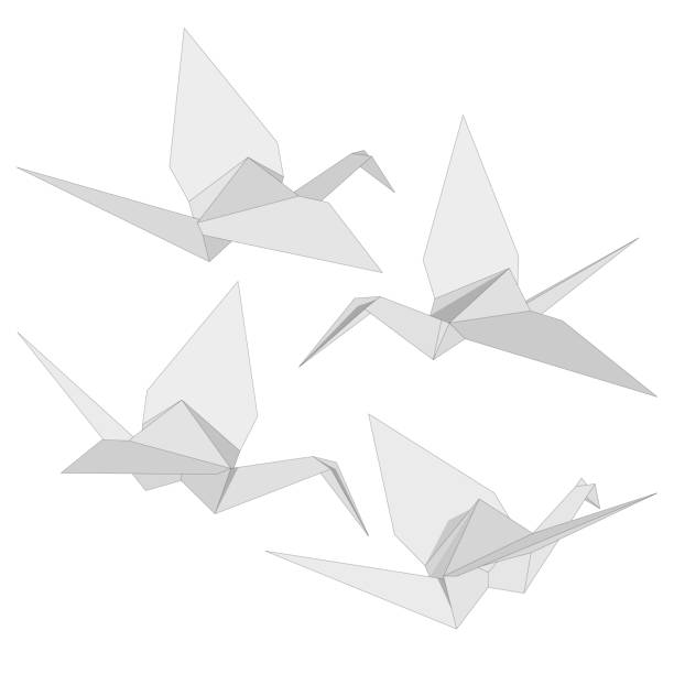 istock Set of Isolated figure of japanese crane folded from white paper in origami style on white background. Symbol of hope. Various views. 938049708