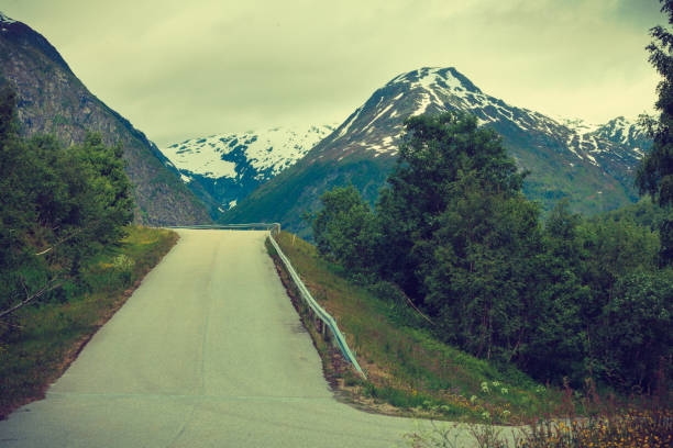 Road running through norwegian mountains. Beautiful landscape. Travel and tourism.