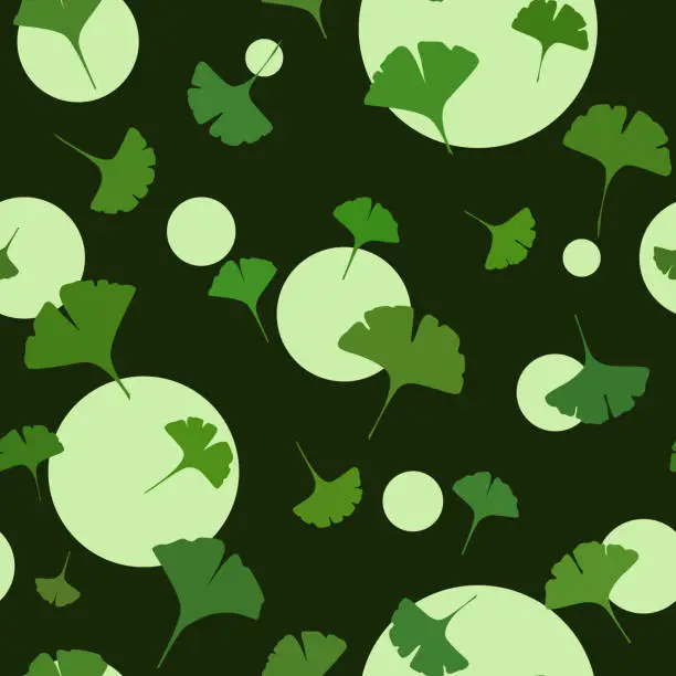 Vector illustration of Ginkgo Seamless Pattern on dark background with cute circles. Vector