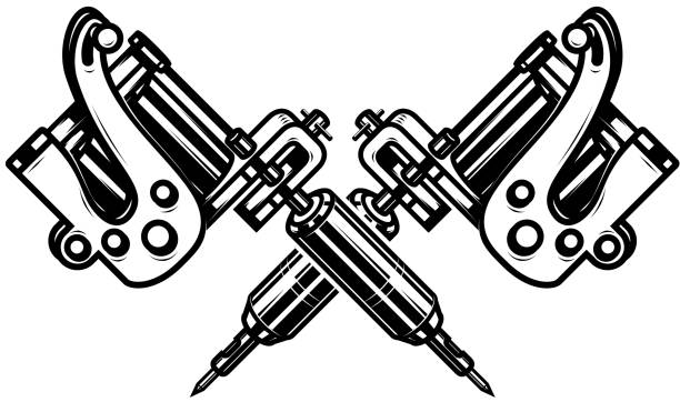 ilustraciones, imágenes clip art, dibujos animados e iconos de stock de máquinas de tatuaje cruzado aislados sobre fondo blanco. elemento de diseño de cartel, señal, emblema, divisa. - tattoo machine