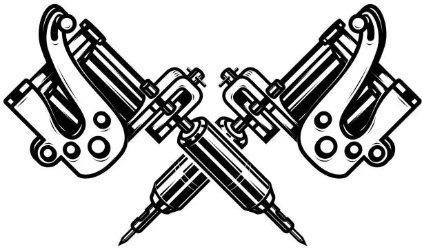 Vector illustration of Crossed tattoo machines isolated on  white background. Design element for poster, emblem, sign, badge.