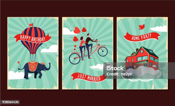 Vintage Greeting Cards Set Birthday Wedding Home Party Invitations Holiday Retro Posters Stock Illustration - Download Image Now