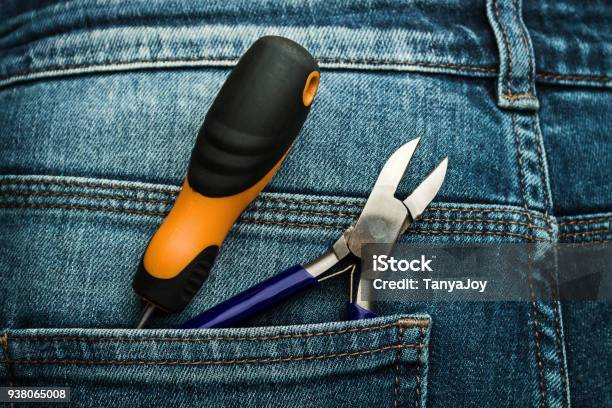 Tools In Pocket Of Pants Stock Photo - Download Image Now - Back, Blue, Casual Clothing