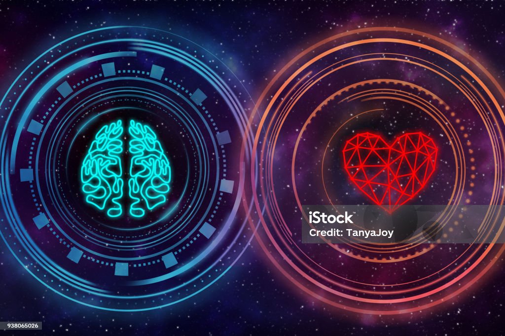 Heart and brain. Digital interface. Heart and brain. Digital interface. Starry sky in the background Heart Shape Stock Photo
