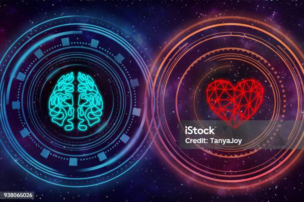 Heart And Brain Digital Interface Stock Photo - Download Image Now - Intelligence, Heart Shape, Sensory Perception