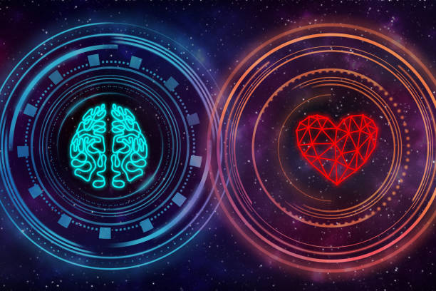 heart and brain. digital interface. - emoção imagens e fotografias de stock