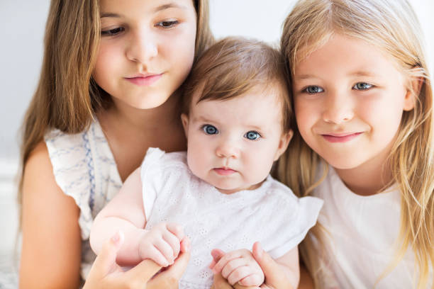 istock Three pretty little blond girls 938065386