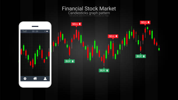 illustrazioni stock, clip art, cartoni animati e icone di tendenza di il concetto di trading di azioni mobili con grafici a candela e finanziari sullo schermo, la connessione di rete globale e la tecnologia wireless consentono agli investitori di accedere alle piattaforme di trading dal proprio telefono. - candlestick holder chart forex graph