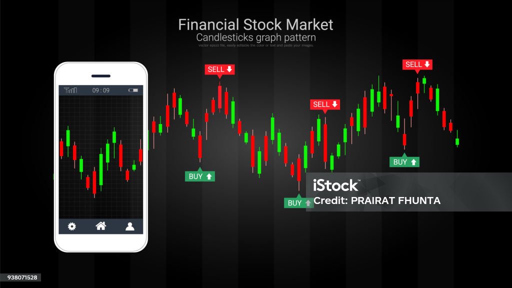 Mobile stock trading concept with candlestick and financial graph charts on screen, Global network connection and wireless technology allows investors to access trading platforms from their telephone. Growth stock vector