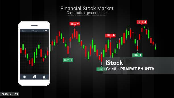 Mobile Stock Trading Concept With Candlestick And Financial Graph Charts On Screen Global Network Connection And Wireless Technology Allows Investors To Access Trading Platforms From Their Telephone Stock Illustration - Download Image Now