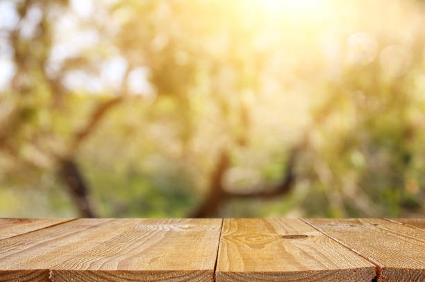 istock Empty rustic table in front of green spring abstract bokeh background. product display and picnic concept. 938072568