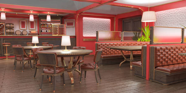 istock Interior restaurant is in red with a bar and tables, leather armchairs. 938075148