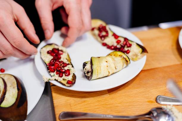 istock Badrijani Georgian traditional eggplant rolls. 938079248
