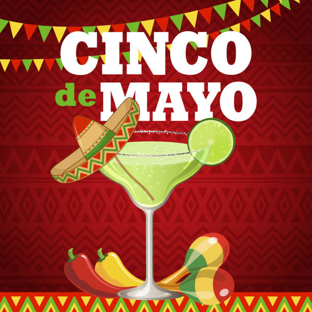 Cinco De Mayo Margarita Celebrate Cinco De Mayo with margarita, sombrero, maracas, peppers on the red folk art pattern for the fiesta red pennant stock illustrations