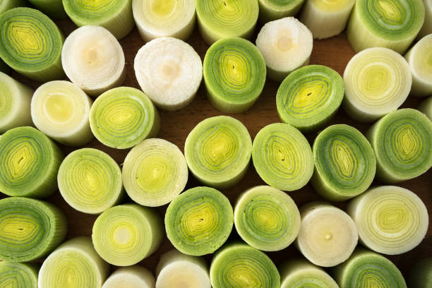 sliced leek, fresh organic vegetable seen  from above as a cooking background, selected focus